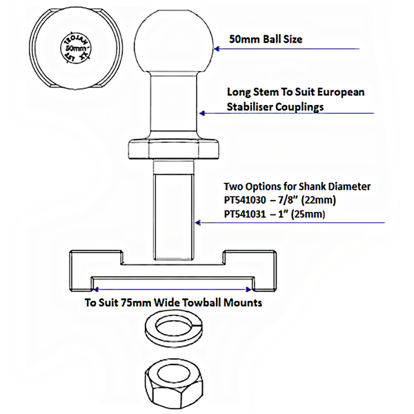 50Mm Black Zinc High Rise Tow Ball 1'" (24.5Mm) Shaft - 3500Kg (W/Lock Plate)