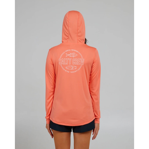 Outlined Womans Hooded Long Sleeve Sunshirt / Fishing Jersey - Sunrise Coral