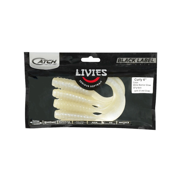 Livies Black Label Softbait 6" Curly Tail - White Warrior Glow 4-Pk