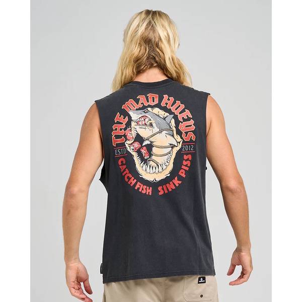 Mad Hueys Muscle Tee Shark Tins Washed Black