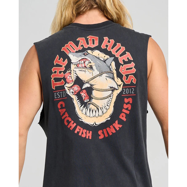 Mad Hueys Muscle Tee Shark Tins Washed Black