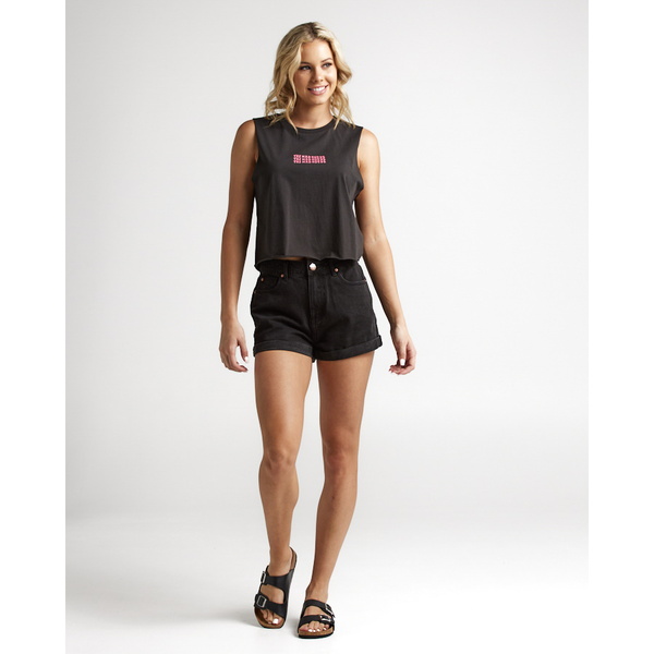 He's Dreaming Womens Short Sleeve Crop Muscle T-Shirt - Vintage Black