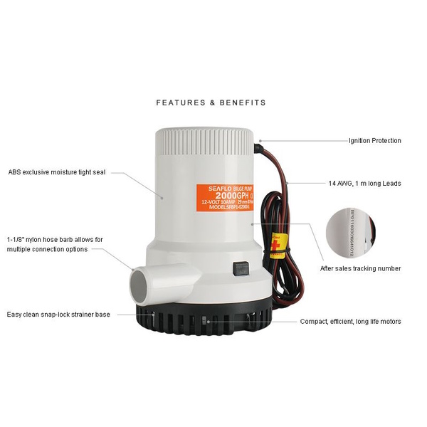 H/Duty 2000Gph 24V Bilge Pump (28Mm Hose) 
