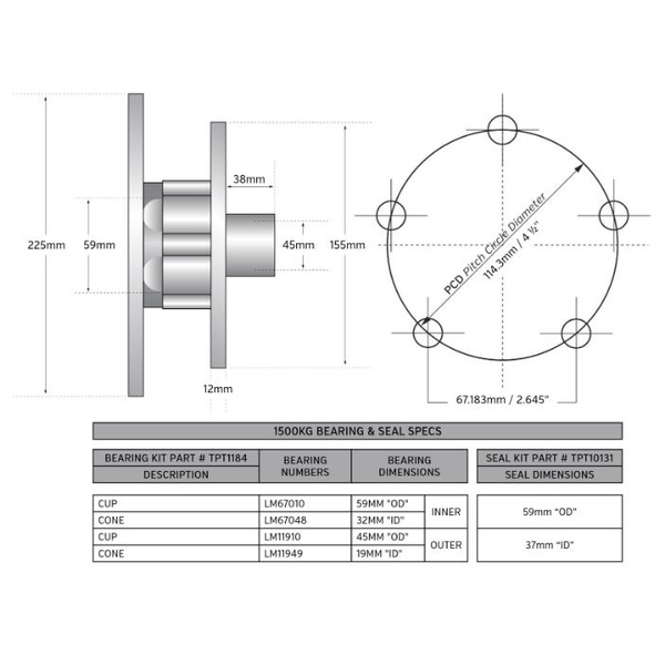 Trailer Disc Brake Hub Kit 1500Kg 225Mm 2-Pc (Pr)
