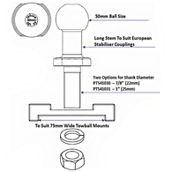 50Mm Black Zinc High Rise Tow Ball 1'" (24.5Mm) Shaft - 3500Kg (W/Lock Plate)