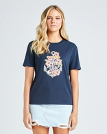 Hibiscus Anchor Womens Short Sleeve Tee Shirt - Navy