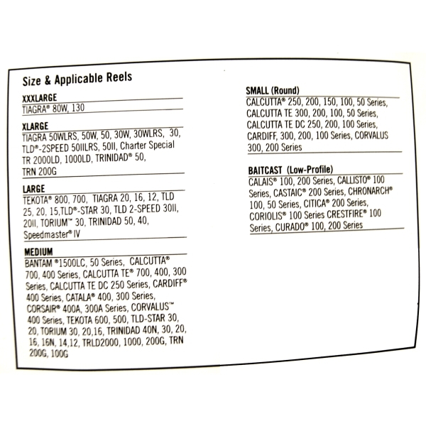 Shimano Reel Cover Size Chart